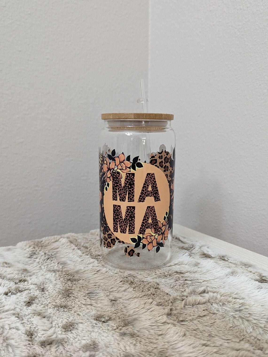 Mama Leopard Print Glass Cup w/ Lid and Straw